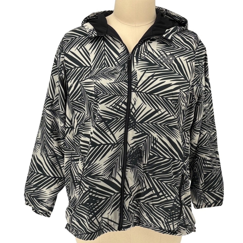 New Balance‎ Windbreaker Jacket Black White Palm Leaf Print Hooded 2X